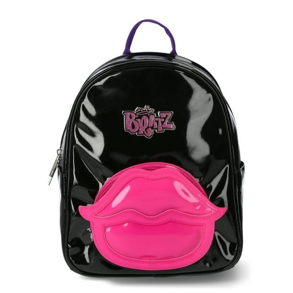 Bratz Mini Backpack Purse Black Patent Pink Lips Y2K Baddie Bratcore Goth Faux - Picture 8 of 9